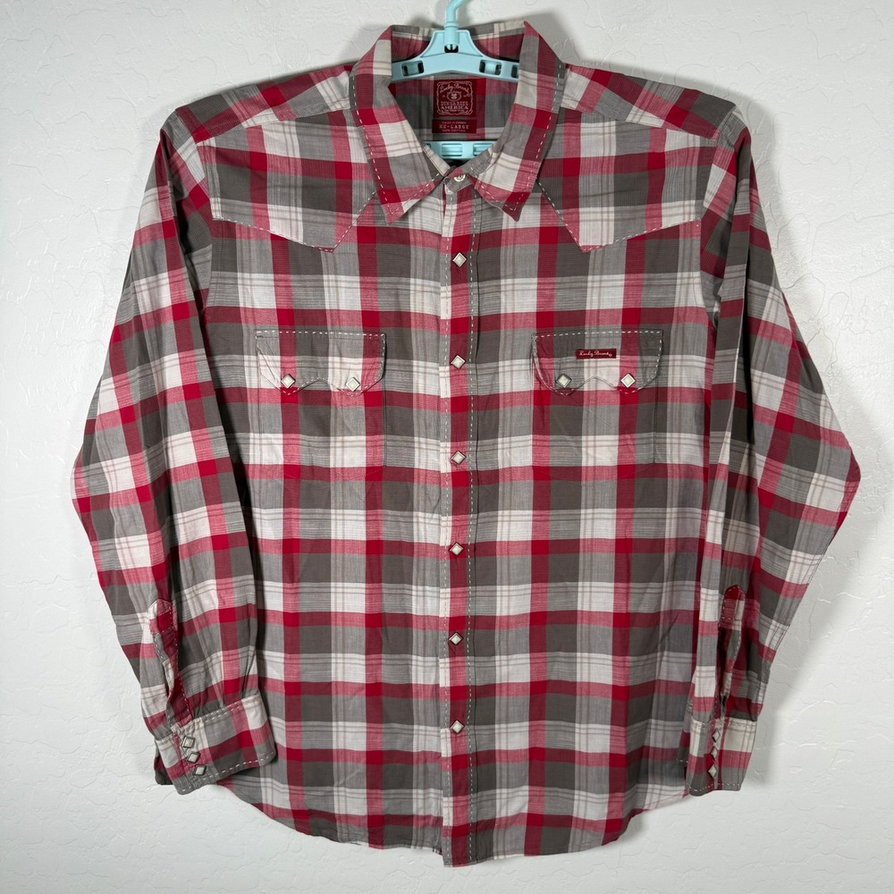 Lucky Brand Western Shirt Mens 2XL Red Plaid Pearl Snap Dungaree Cowboy Sawtooth